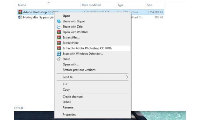 Giải nén phần mềm adobe photoshop CC 2019