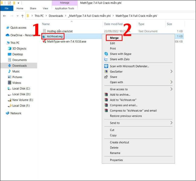 Vào file giải nén và click chuột phải vào kichhoat.reg rồi chọn Merge