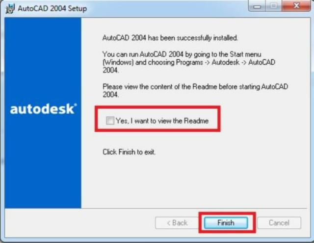 Bỏ tích Yes, I want to view the Readme và nhấn Finish để kết thúc cài đặt Autocad 2004