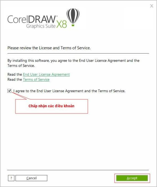 Chấp nhận các điều khoản của phần mềm và bấm chọn Accept