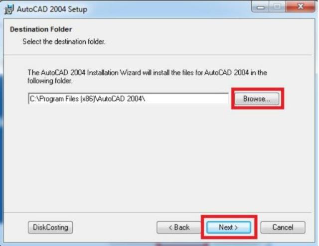 Chọn đường dẫn cài đặt Autocad 2004 (để mặc định) rồi nhấn Next để tiếp tục