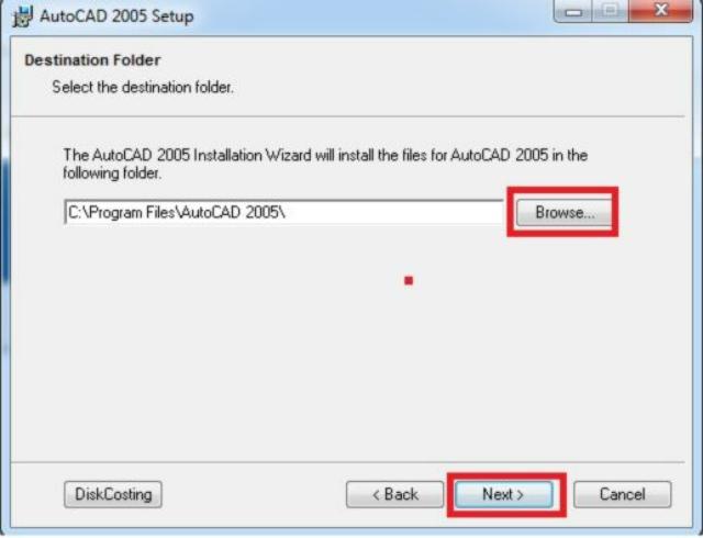 Chọn đường dẫn cài đặt Autocad 2005 và nên để mặc định