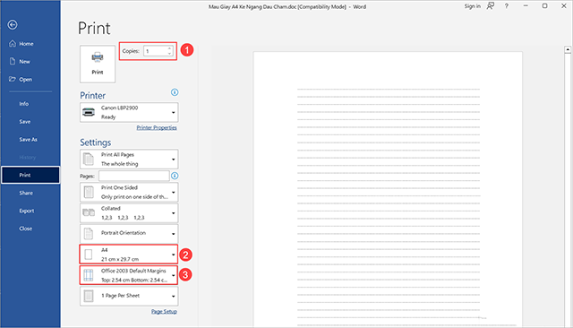 hướng dẫn in file word mẫu giấy kẻ ngang