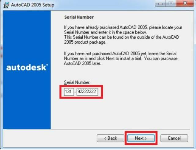 Nhập Serial Number là “131-92222222” và nhấn chọn Next để tiếp tục quá trình