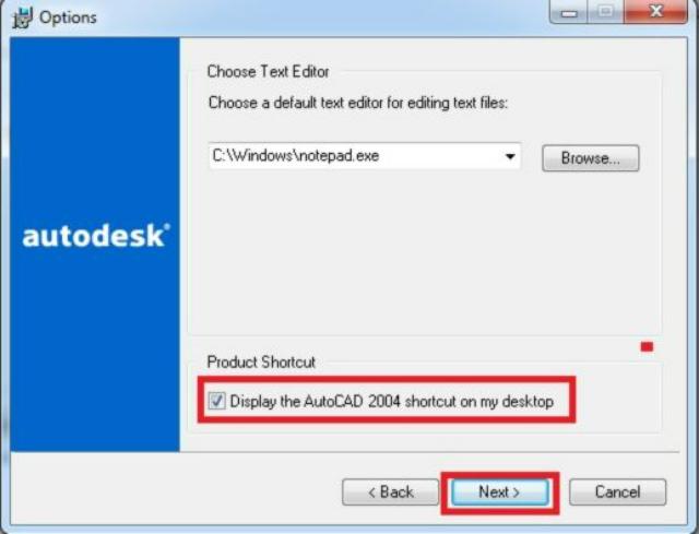 Tích chọn Display the Autocad 2004 shortcut on my desktop và nhấn Next để tiếp tục