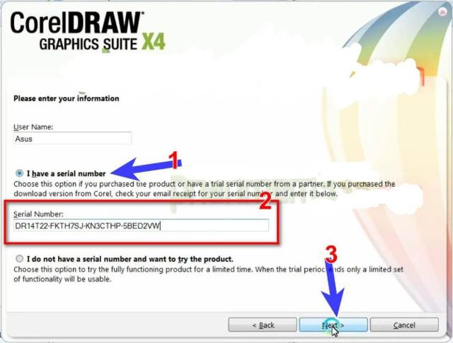 Tích chọn vào I have a serial number và nhập key như hình