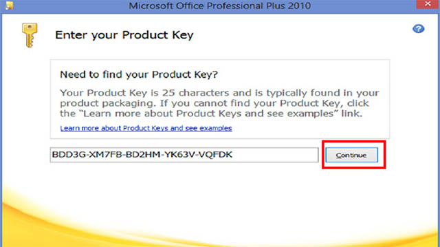 Sau khi nhập key nhấn Continue